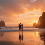 Couple se tenant la main sur une plage rocheuse en Bretagne