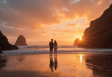 Couple se tenant la main sur une plage rocheuse en Bretagne