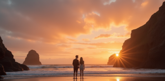 Couple se tenant la main sur une plage rocheuse en Bretagne