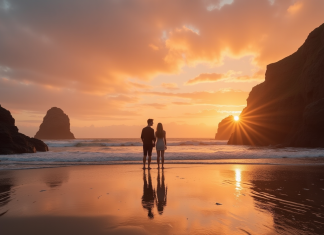 Couple se tenant la main sur une plage rocheuse en Bretagne
