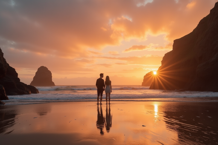Couple se tenant la main sur une plage rocheuse en Bretagne