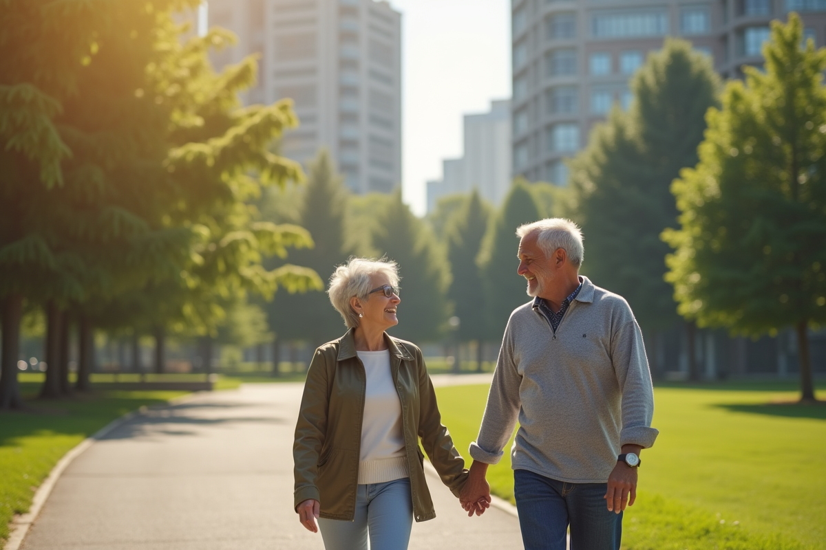Un couple marche main dans la main dans un parc ensoleille