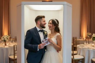 Couple de mariés riant à l'intérieur d'une borne Photomaton lors de leur réception de mariage dans une salle décorée de fleurs et de tissus drapés