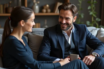 Homme et femme souriants dans un salon parisien élégant