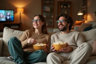 Couple détendu regardant la télévision ensemble le week-end sur un canapé confortable avec du popcorn