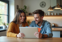 Couple souriant avec bons vacances Airbnb en main