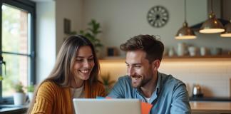 Couple souriant avec bons vacances Airbnb en main