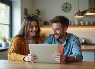Couple souriant avec bons vacances Airbnb en main