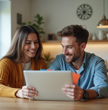 Couple souriant avec bons vacances Airbnb en main