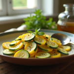Plat de courgettes jaunes tranchées sur une table en bois