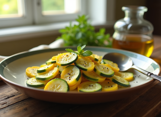 Plat de courgettes jaunes tranchées sur une table en bois
