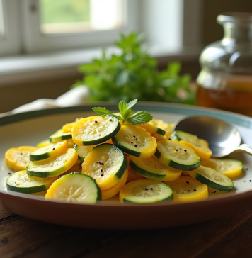 Plat de courgettes jaunes tranchées sur une table en bois