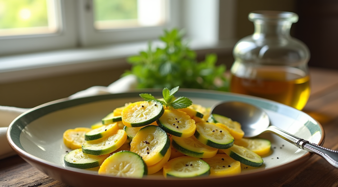 Plat de courgettes jaunes tranchées sur une table en bois