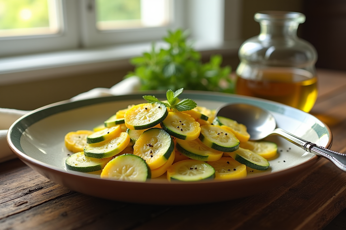 Plat de courgettes jaunes tranchées sur une table en bois