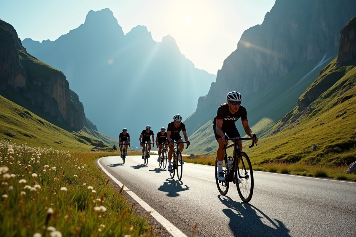 Cyclistes en montagne sur la route du Plateau de Beille