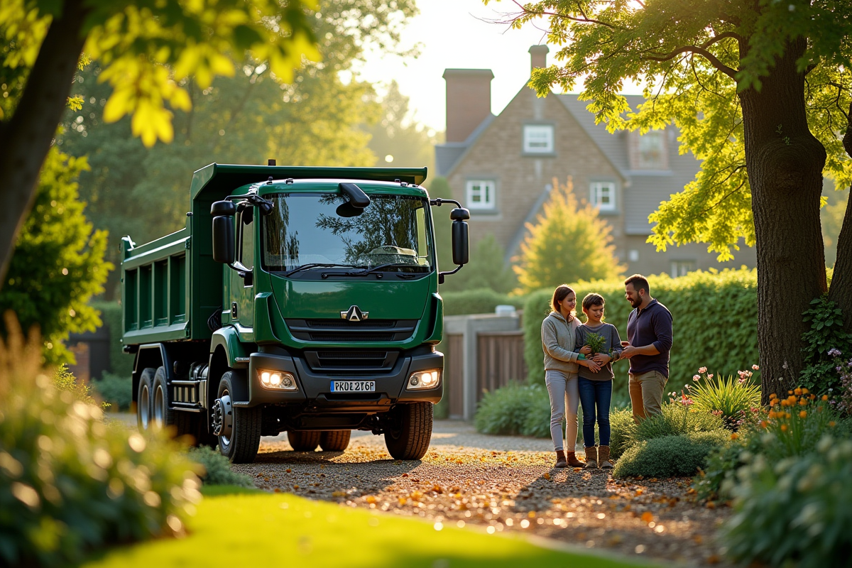Camion benne de 3,5 tonnes déchargeant dans un jardin verdoyant