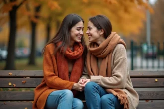 Deux amies assises sur un banc en automne, se tenant la main et se souriant, partageant un moment d'amitié réconfortant en plein air