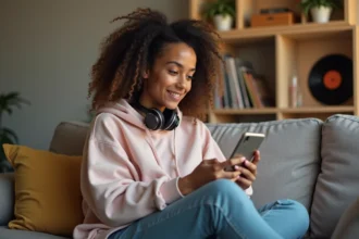 Jeune femme découvrant la K-pop sur son smartphone dans un salon cosy, casque autour du cou et expression enthousiaste