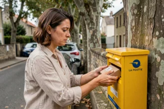 Femme déposant un colis de retour dans une boîte aux lettres jaune La Poste en banlieue résidentielle française