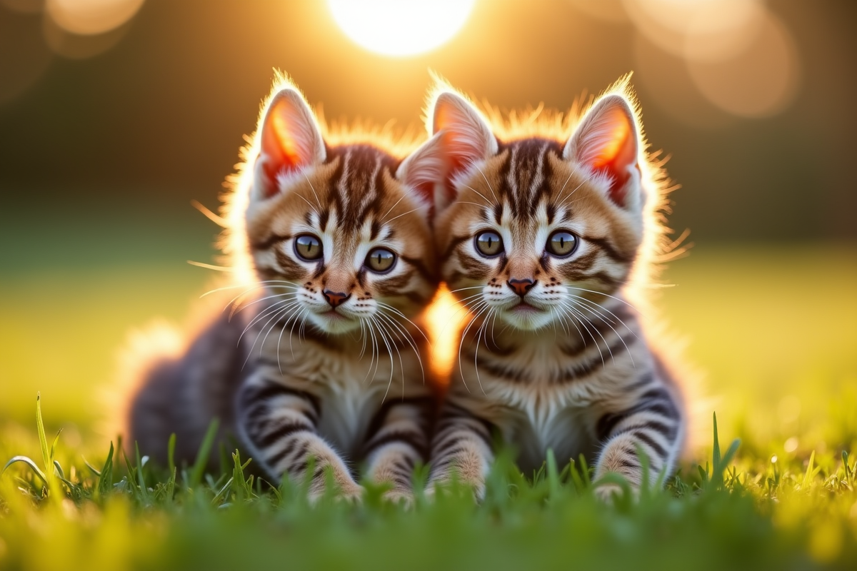 Deux chatons tigrés câlins sur pelouse en plein air