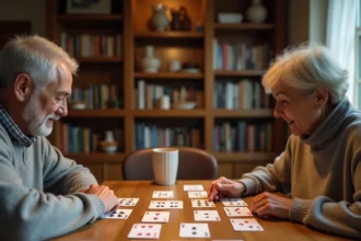 Deux joueurs adultes jouant à la crapette autour d'une table en bois dans un intérieur domestique chaleureux