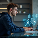 Jeune developpeur blockchain travaillant sur interface numérique