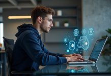 Jeune developpeur blockchain travaillant sur interface numérique