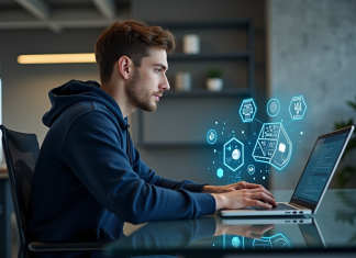 Jeune developpeur blockchain travaillant sur interface numérique