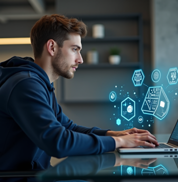 Jeune developpeur blockchain travaillant sur interface numérique