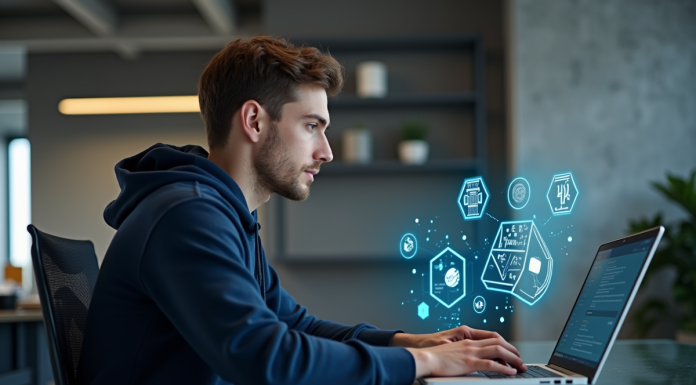 Jeune developpeur blockchain travaillant sur interface numérique