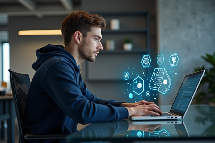 Jeune developpeur blockchain travaillant sur interface numérique