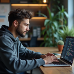Jeune developpeur en hoodie code sur son laptop
