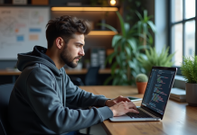 Langage de codage utilisé par OpenAI : décryptage du langage de programmation Jeune developpeur en hoodie code sur son laptop