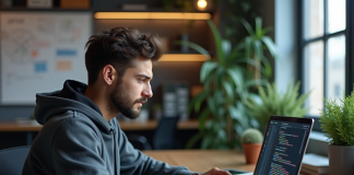 Langage de codage utilisé par OpenAI : décryptage du langage de programmation Jeune developpeur en hoodie code sur son laptop