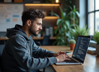 Jeune developpeur en hoodie code sur son laptop