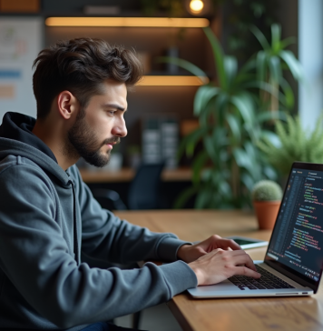 Langage de codage utilisé par OpenAI : décryptage du langage de programmation Jeune developpeur en hoodie code sur son laptop