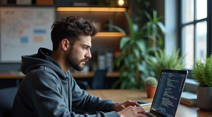 Jeune developpeur en hoodie code sur son laptop