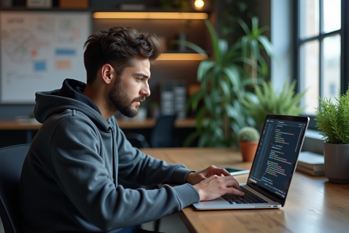 developpeur-code-ordinateur Jeune developpeur en hoodie code sur son laptop