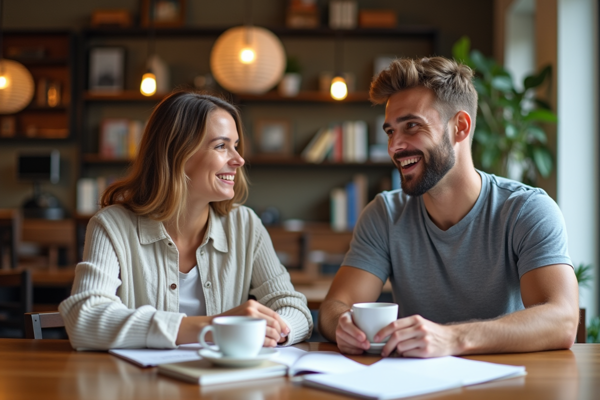 Deux adultes discutant de grammaire autour d’un café