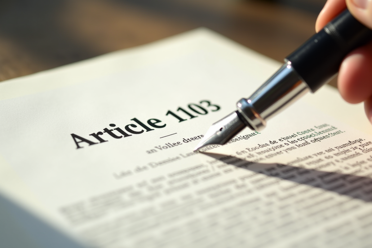 Document juridique français avec stylo plume sur texte de larticle 1103