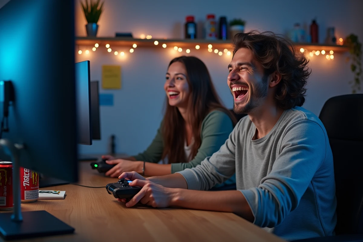 Duo de joueurs en coopération locale riant pendant une partie de Split Fiction sur PC lors d'un week-end gaming