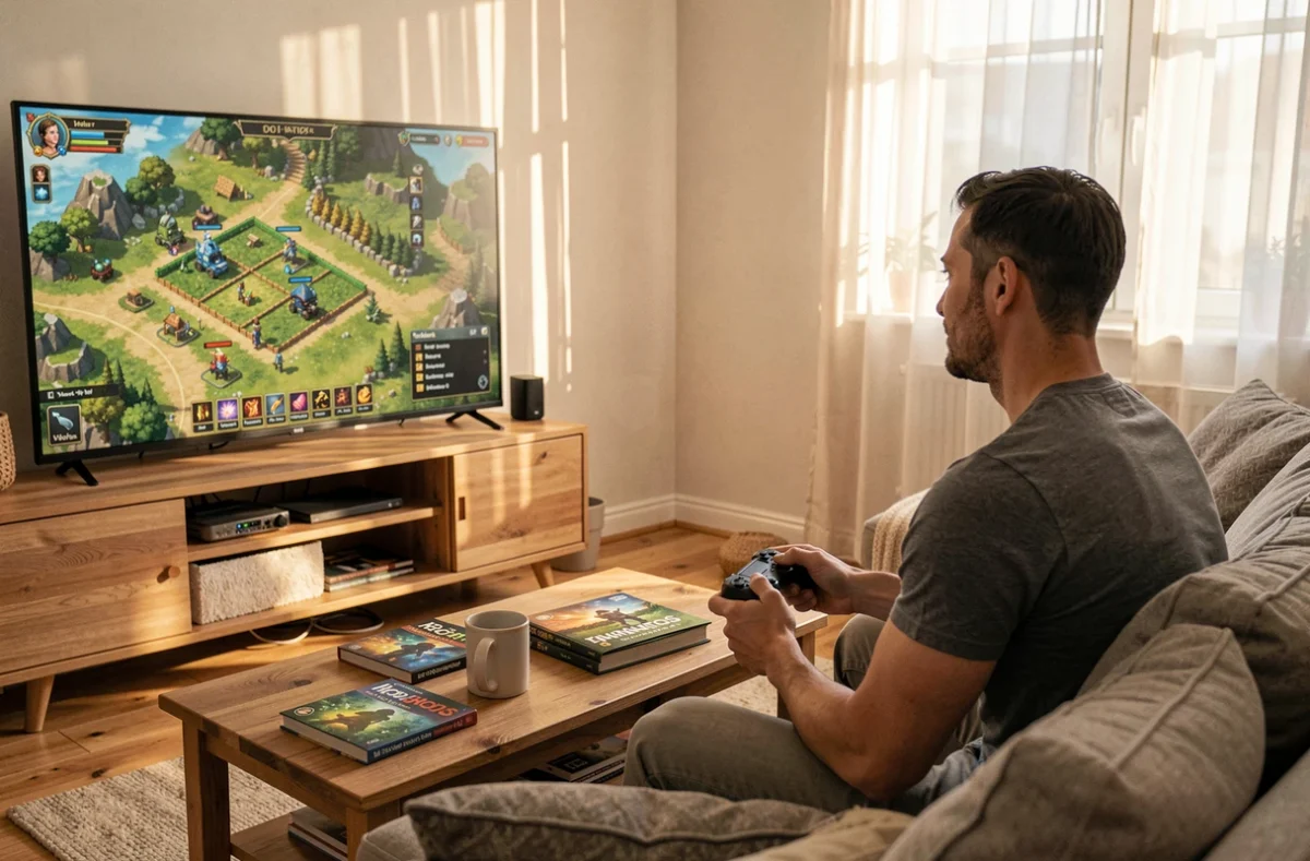 Deux joueurs adultes sur un canapé consultant une carte de farming Dofus 3 affichée sur un écran de télévision dans un salon