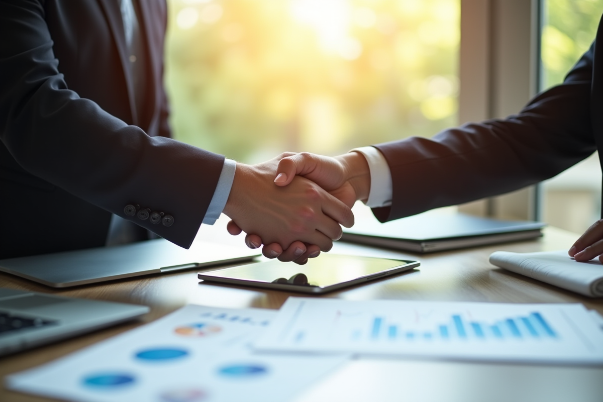 Deux professionnels se serrant la main avec graphiques financiers en arrière-plan
