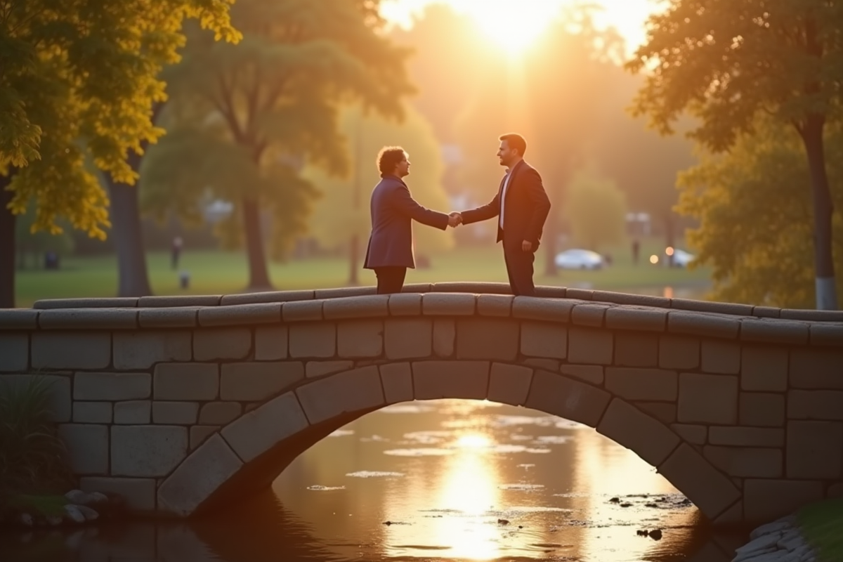 Deux personnes de divers horizons se serrant la main sur un pont en pierre ensoleille dans un parc