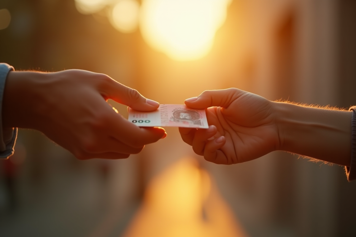 Deux mains échangeant un billet sous lumière douce