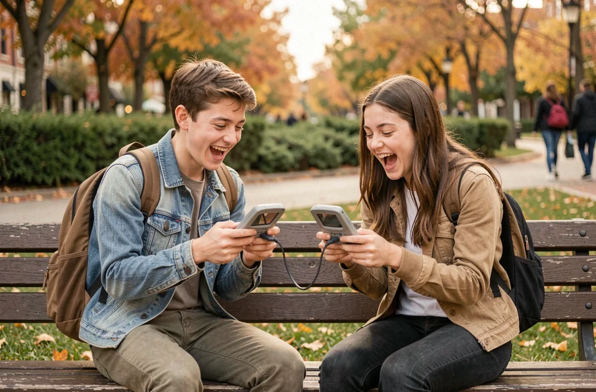 Deux adolescents échangeant des Pokémon rares via câble link sur Game Boy Advance dans un parc en automne