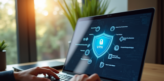 Écran d'ordinateur avec VPN dans un bureau lumineux