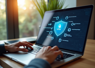 VPN gratuit : est-il sûr de l’utiliser ? Les risques à connaître Écran d'ordinateur avec VPN dans un bureau lumineux