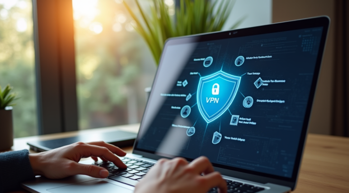 Écran d'ordinateur avec VPN dans un bureau lumineux