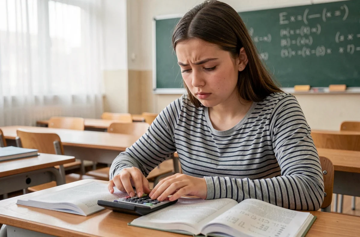 Adolescente utilisant une calculatrice scientifique pour convertir 1h30 en minutes dans une salle de classe avec un manuel ouvert